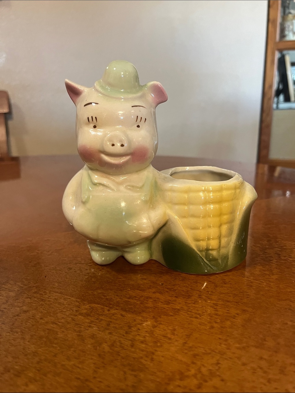 Ceramic Pig Planter with Corn Basket - Pastel Pink, Yellow & Green